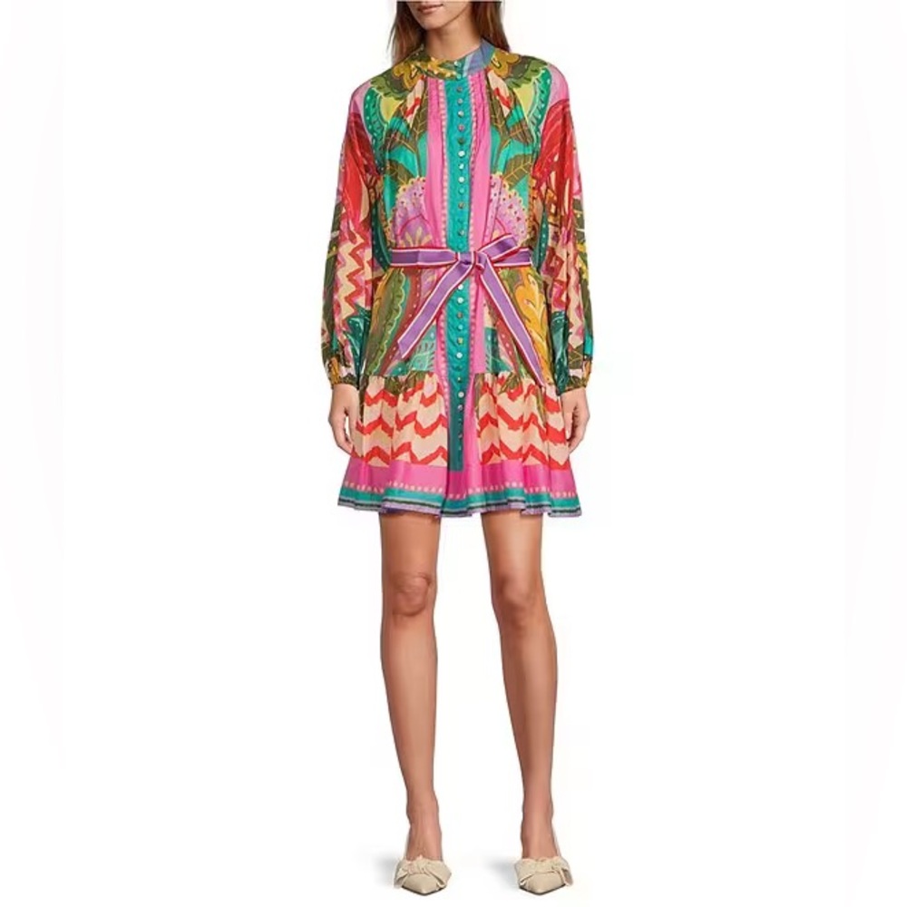 Antonio Melani-Brynn Printed Cotton Voile Mock Neck Long Sleeve Drop Waist Dress